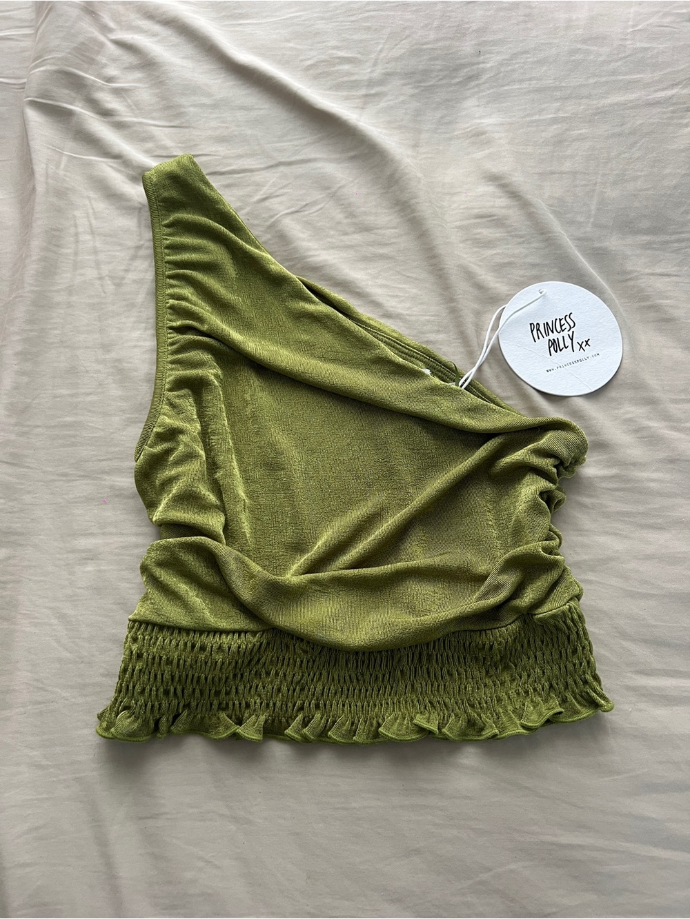 NEW Princess Polly Green One-Shoulder Smocked Hem Top